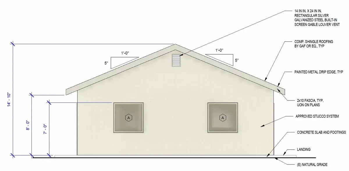 Open living, three bedrooms. exterior elevation drawing