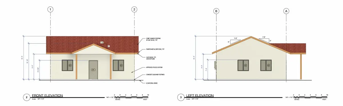 Compact and carefully balanced. exterior elevation drawing