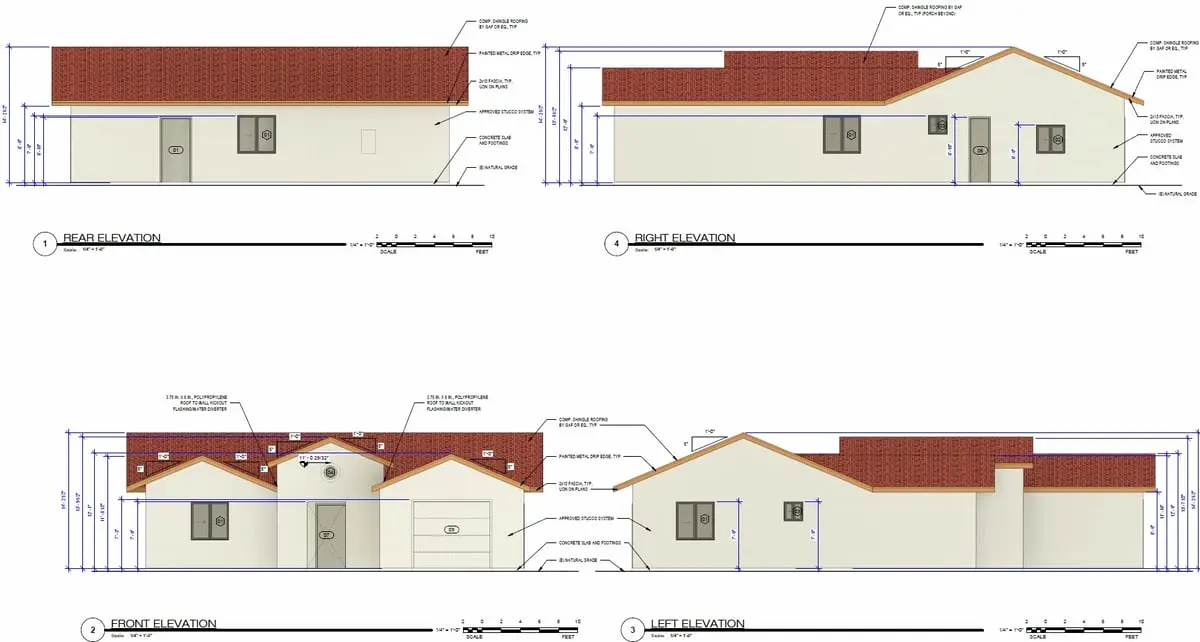 Spanish character, modern living. exterior elevation drawing