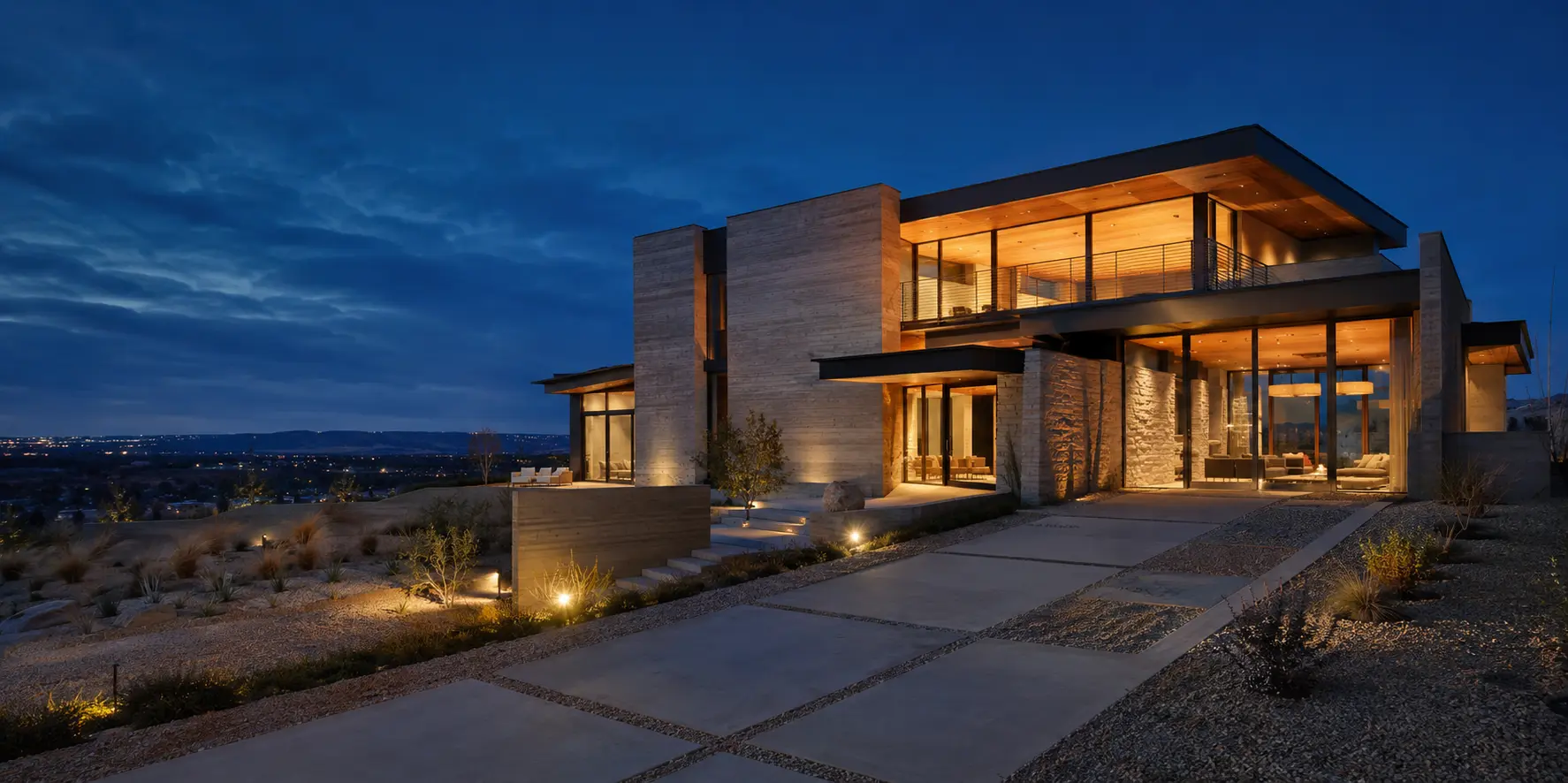 Representative contemporary residential design visualization at blue hour